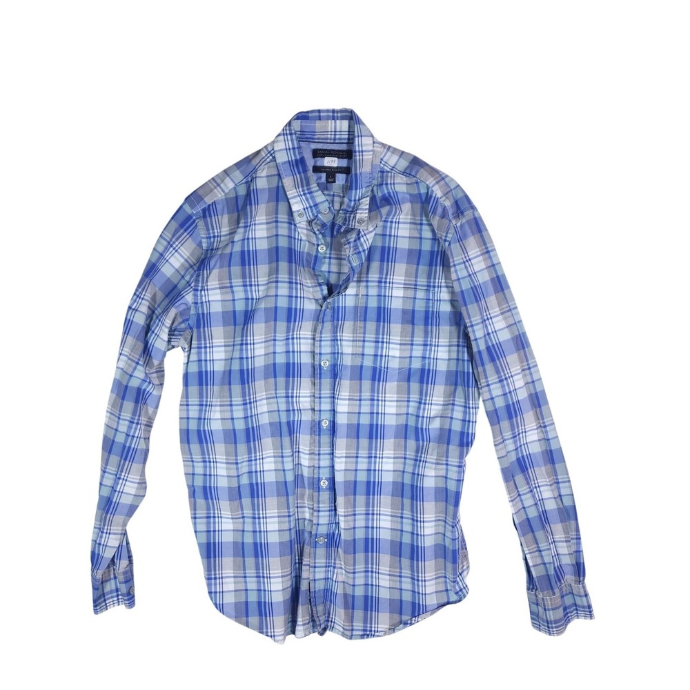 Banana Republic Tailored Slim Shirt Mens Large Blue Plaid Cotton Button Up